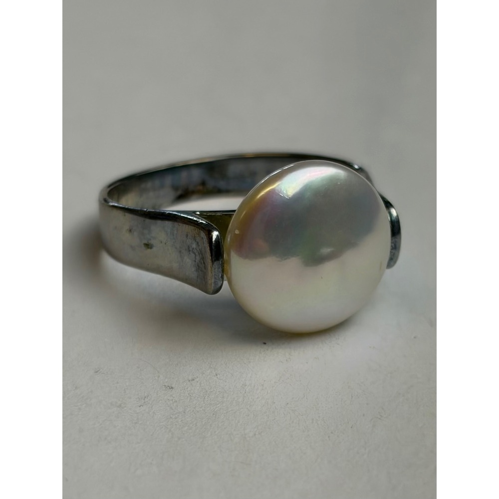 LUC Pearl Ring Sz 8.5 Silver 925 Sterling Iridescent Modernist Solitaire Lucoral